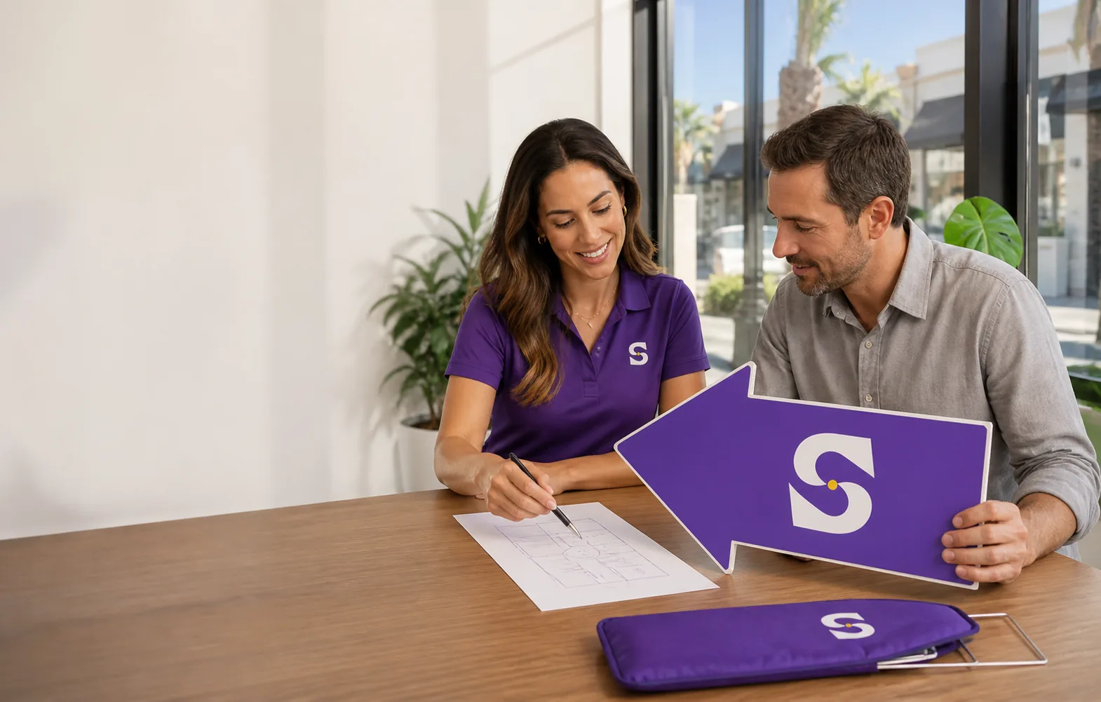 Campaign coordinator and business owner reviewing a purple arrow board and a location sketch