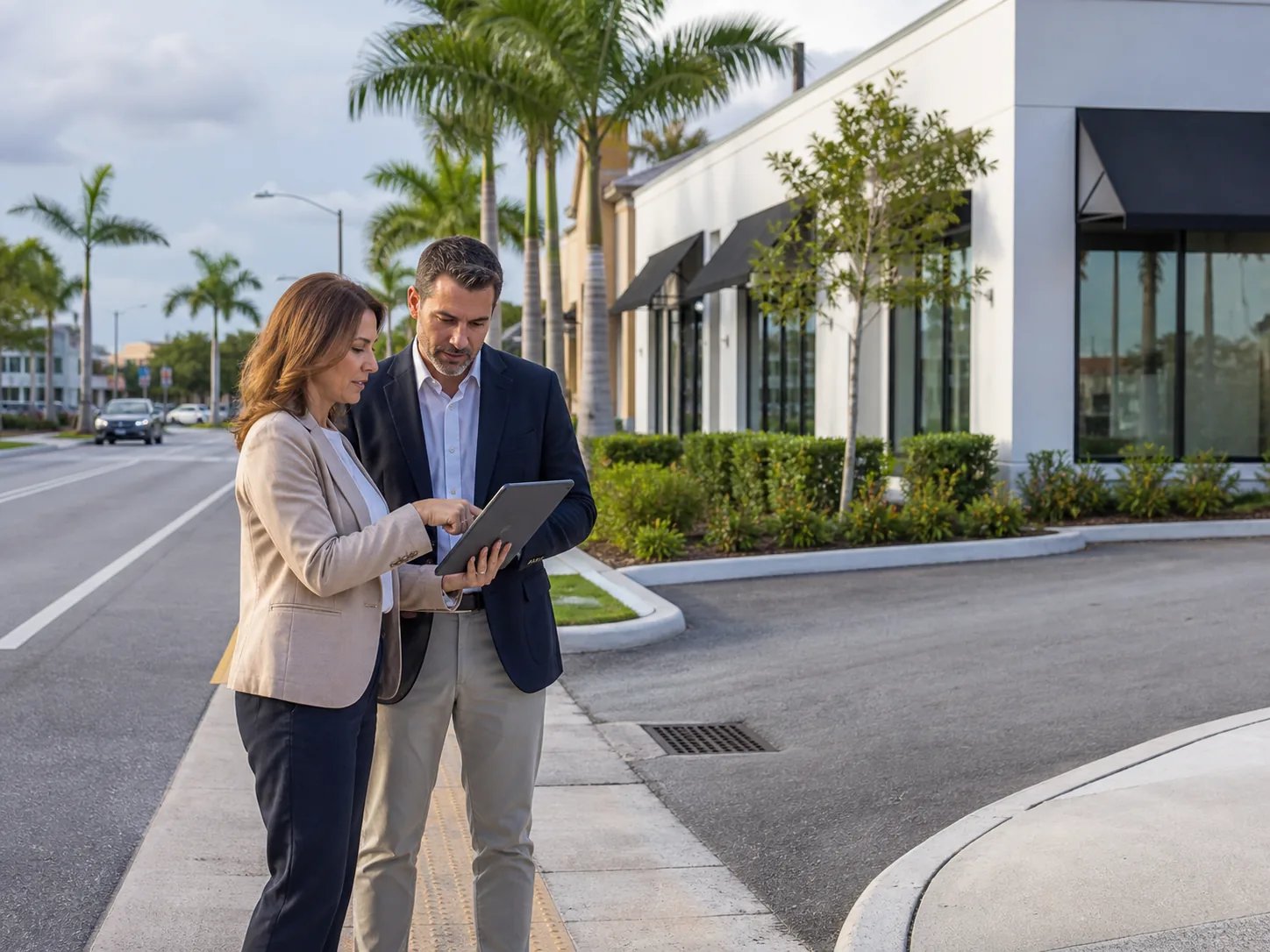 Planner and owner evaluating traffic direction, driveway, sightline, and storefront entrance