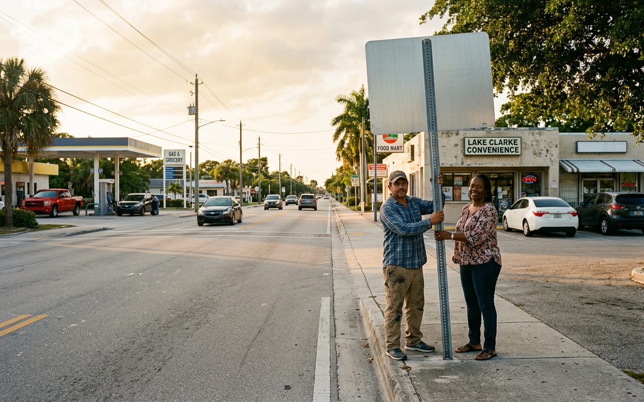 Street advertising setting typical of Lake Clarke Shores, Palm Beach County