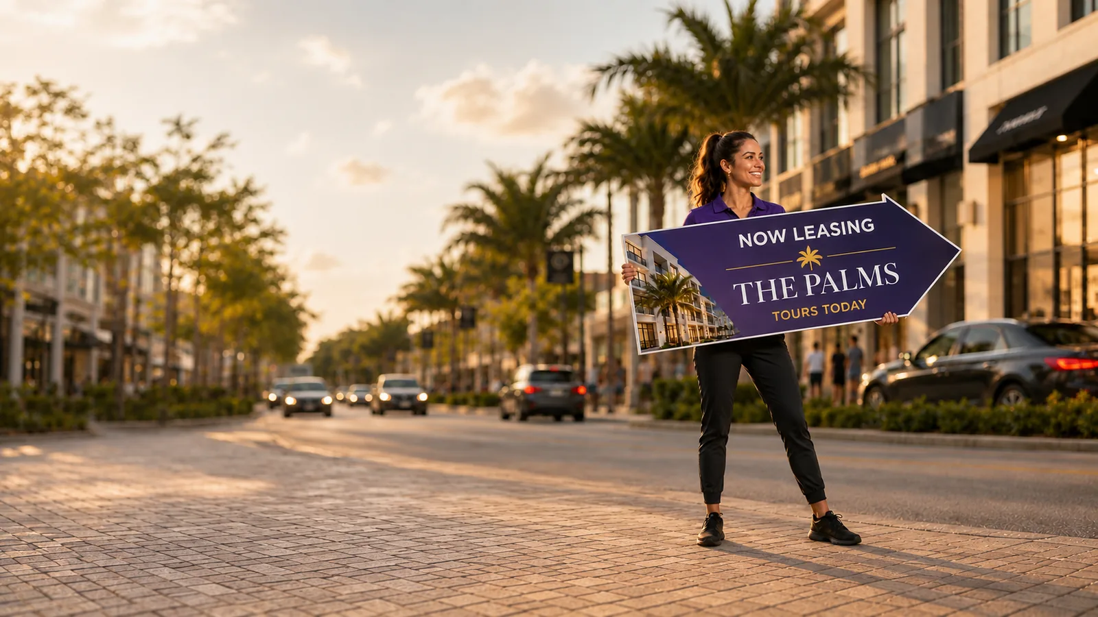 Premium street advertising scene in a real neighborhood at blue hour