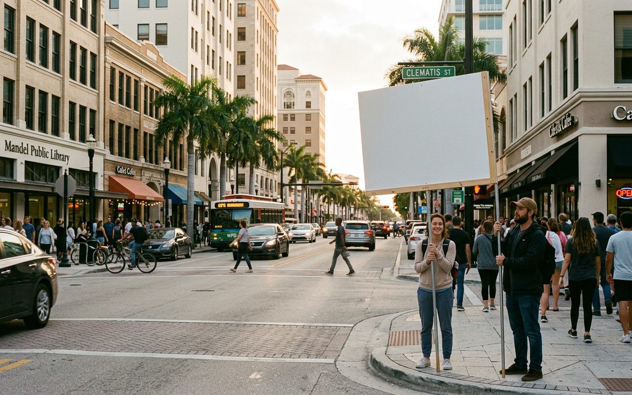 Street advertising setting typical of West Palm Beach, Palm Beach County