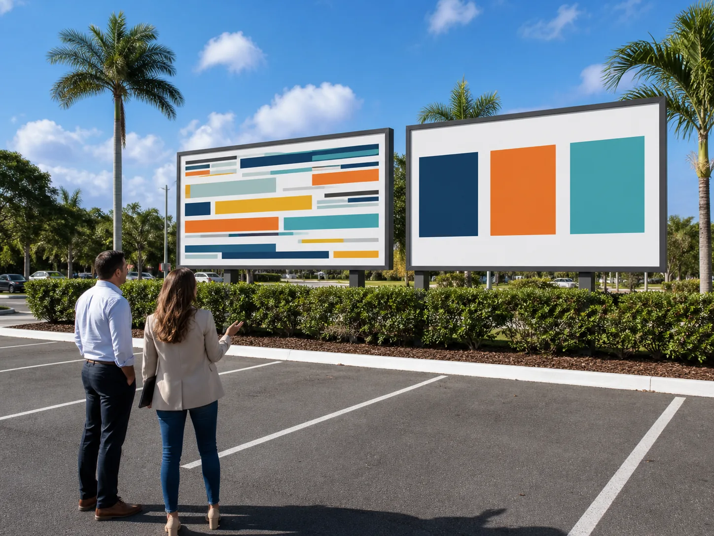 Business owner comparing a crowded sign layout with a simple three-part layout from a distance