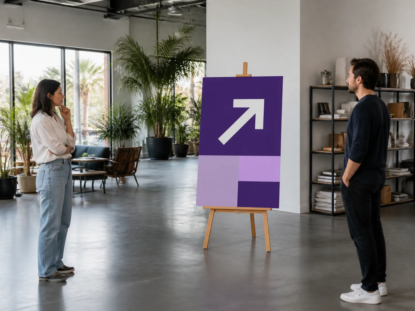 Designer and business owner testing a simple directional layout from a real viewing distance