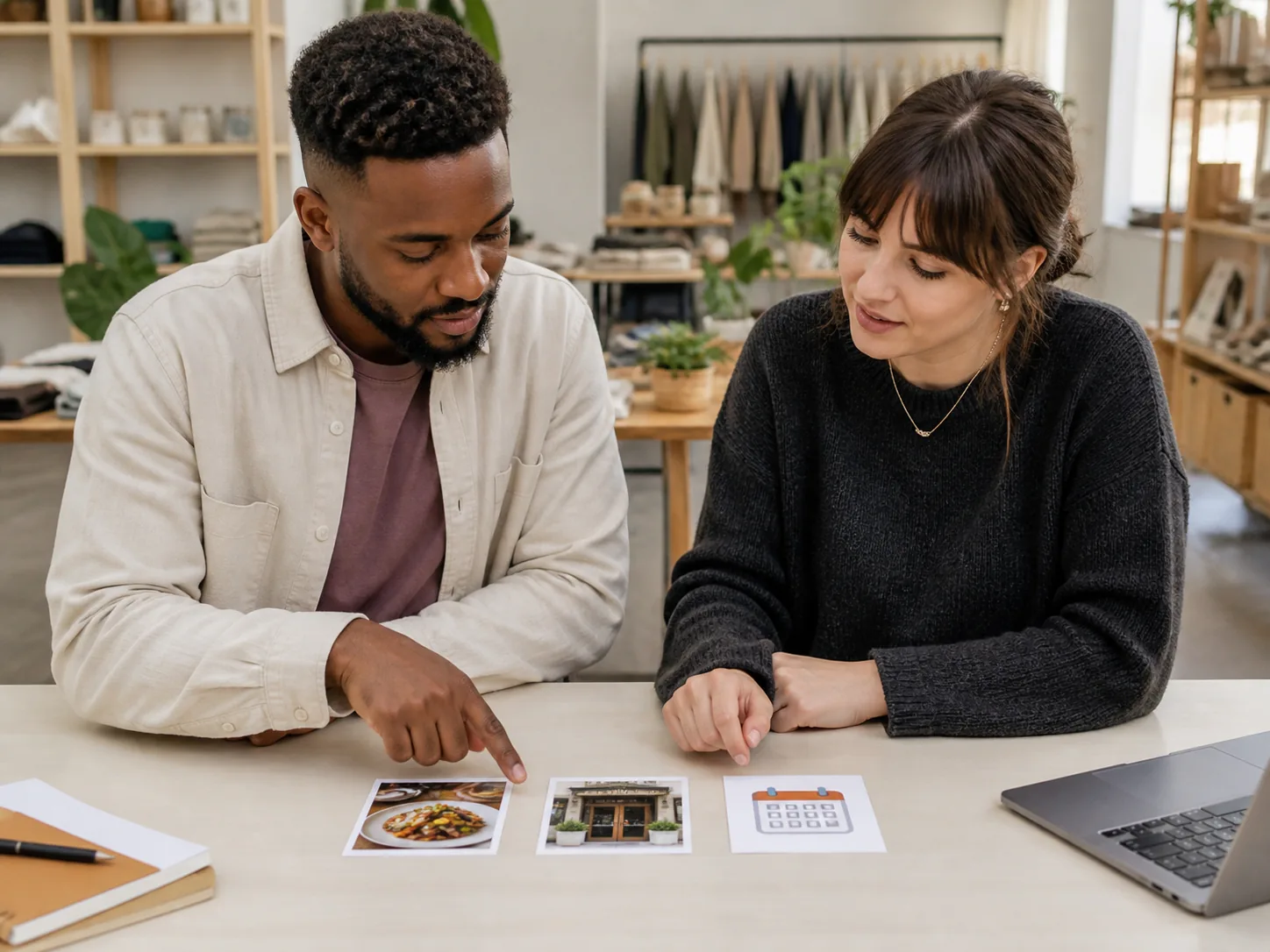 Business owner and designer choosing one simple offer scene