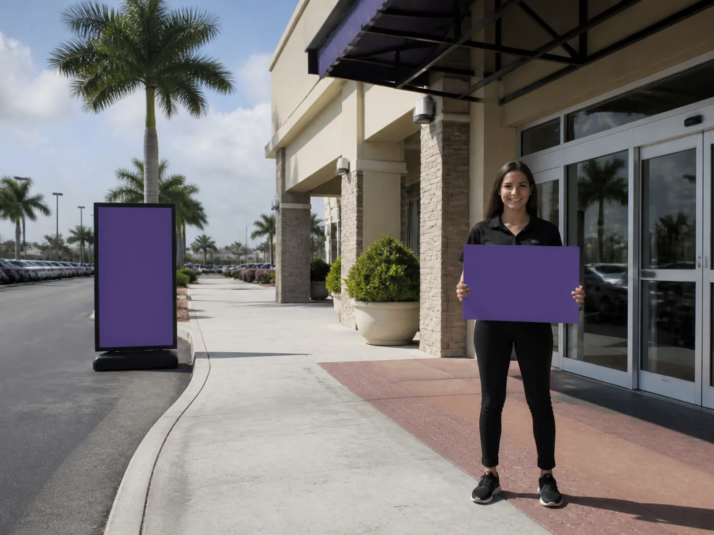 Large roadside display and smaller hand-held board compared at one retail arrival point