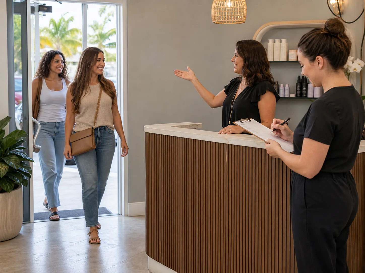Salon owner welcoming customers while staff records a simple response tally