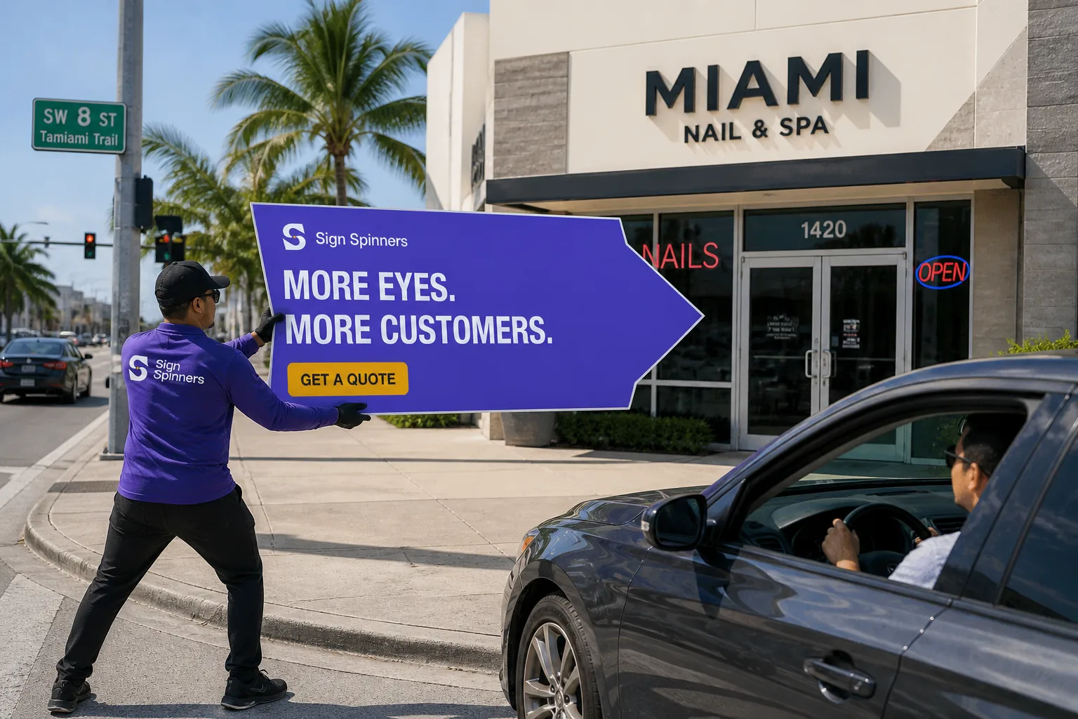 Street advertising concept showing a Sign Spinner holding a purple directional sign