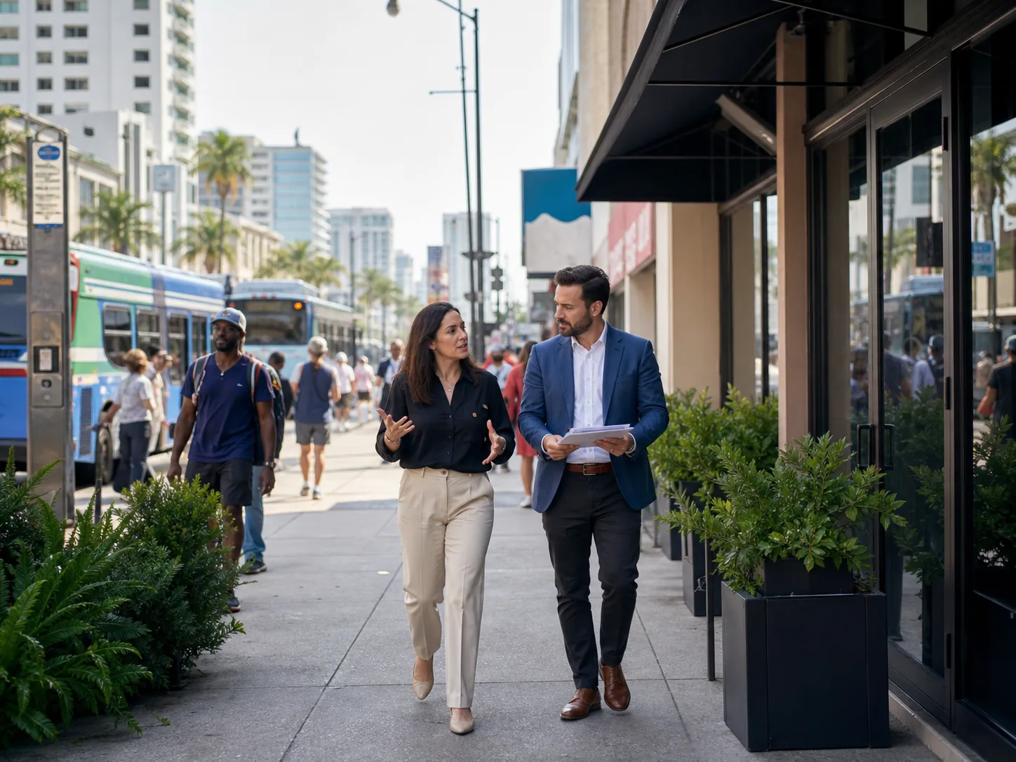 Owner and planner walking a dense Miami-Dade mixed-use corridor