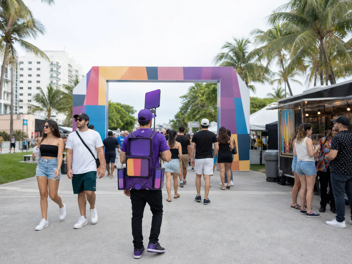 Wearable display moving through a busy South Florida community event route