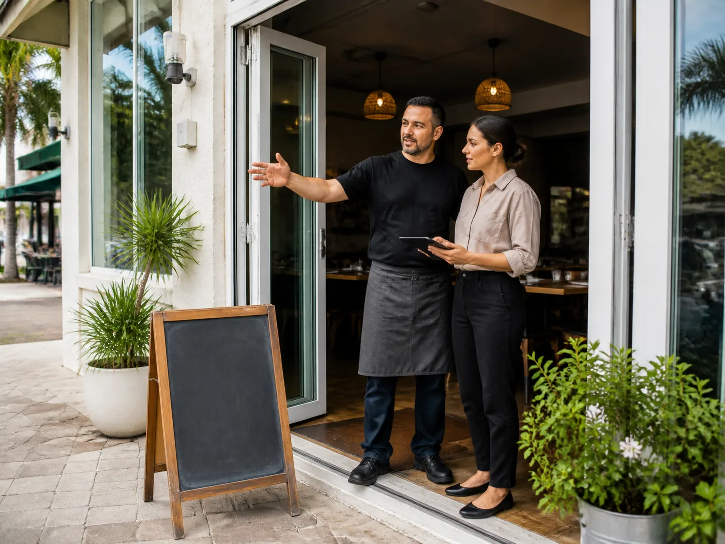 Restaurant owner showing the business entrance and explaining the exact need