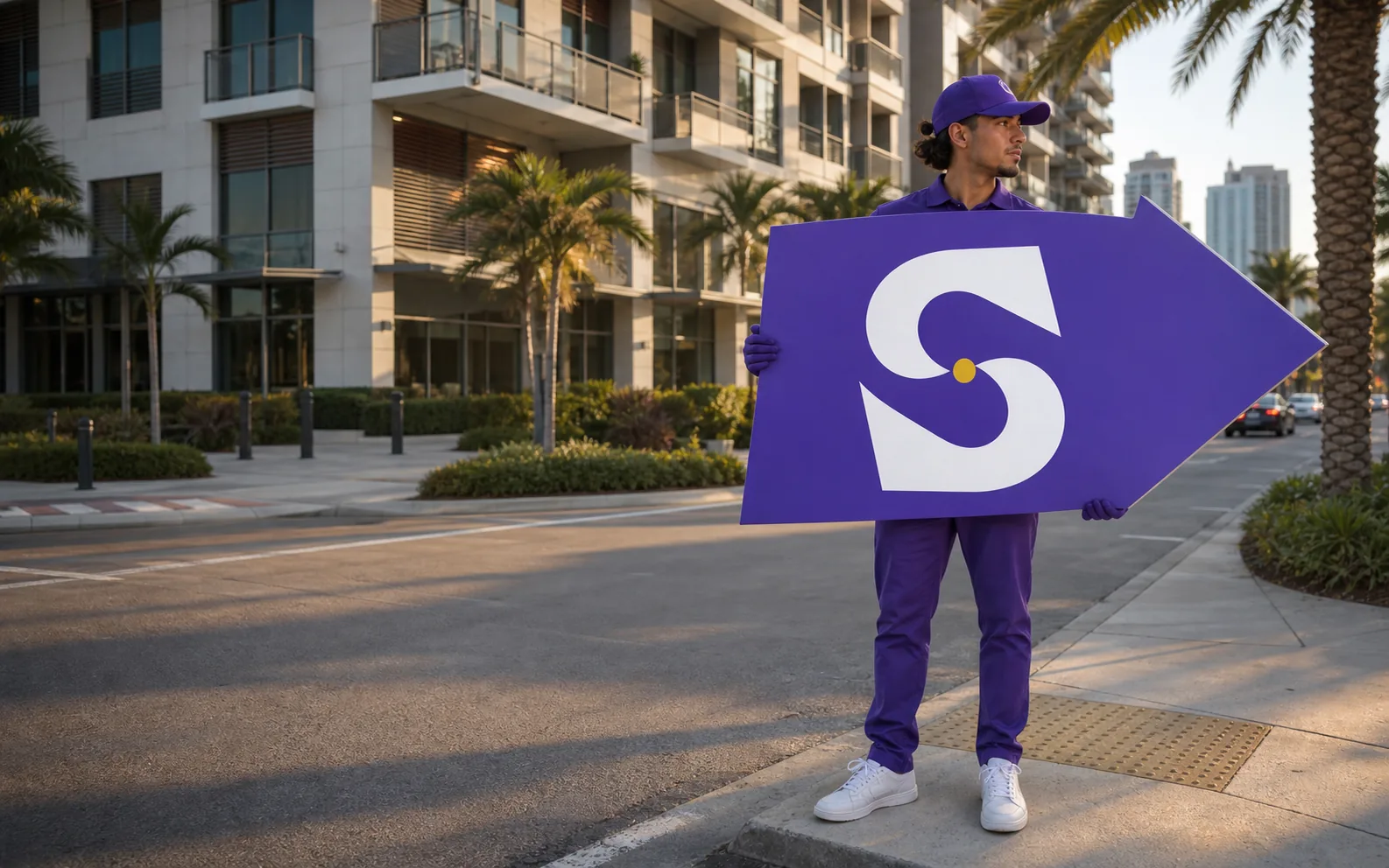 Sign spinner working a busy South Florida commercial street