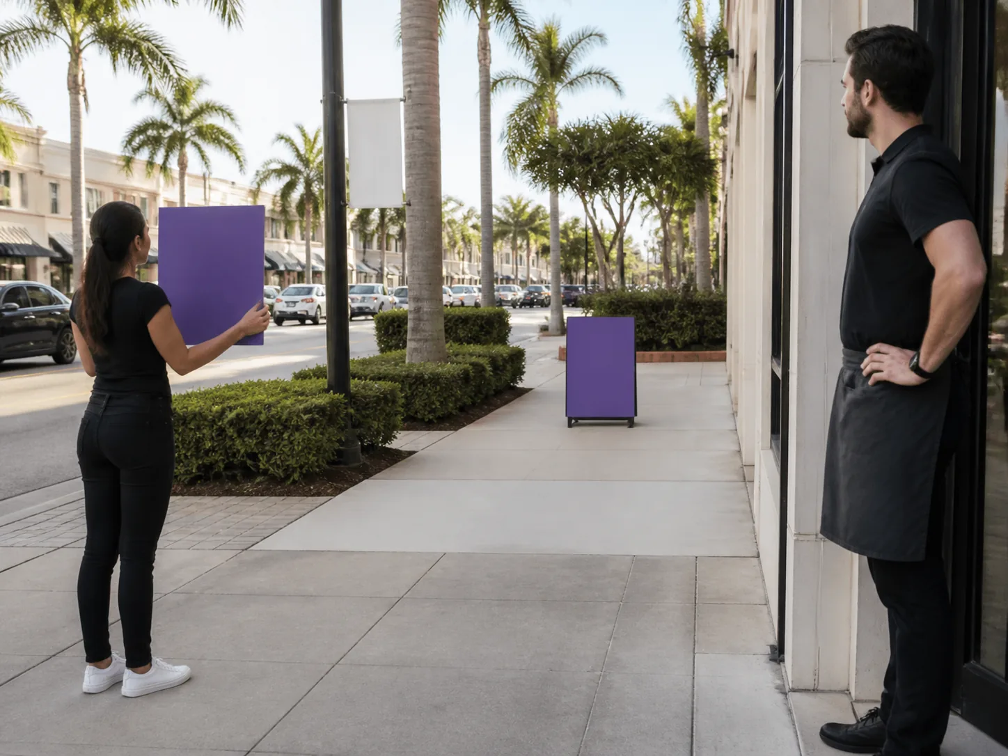 Business owner comparing a moving hand-held board with a fixed static display