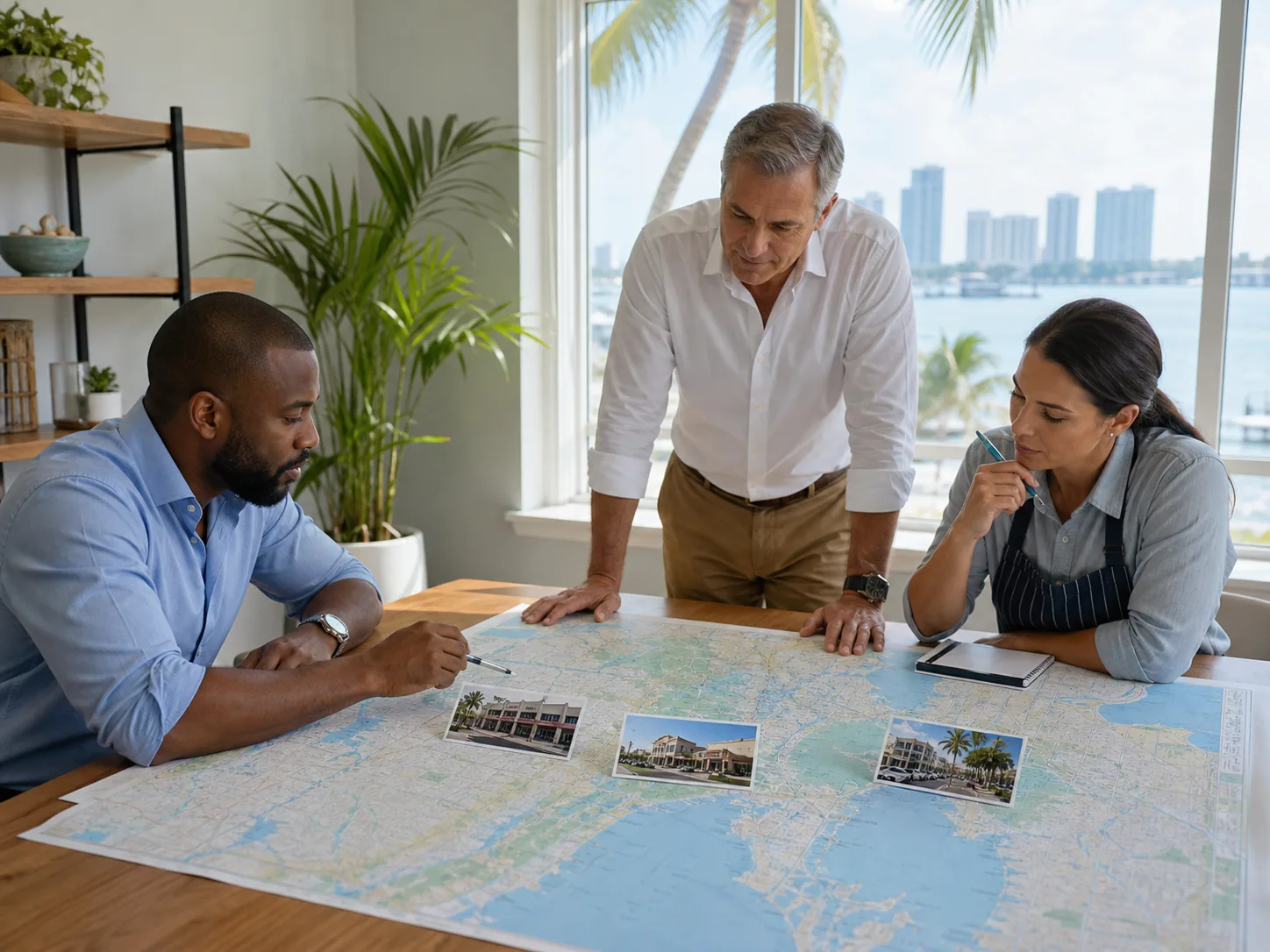 Three local business owners planning across a large South Florida map