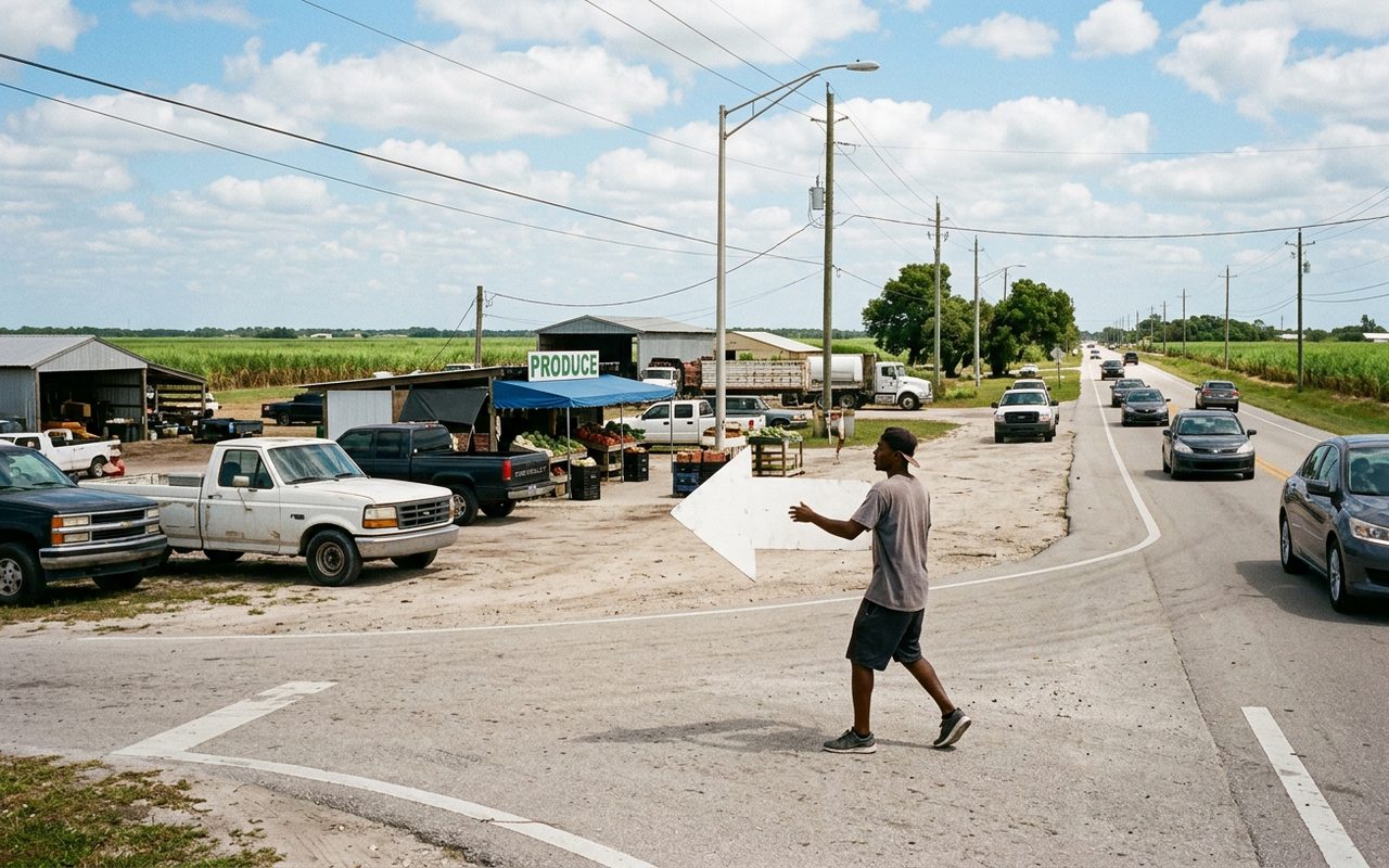 Street advertising setting typical of Belle Glade, Palm Beach County