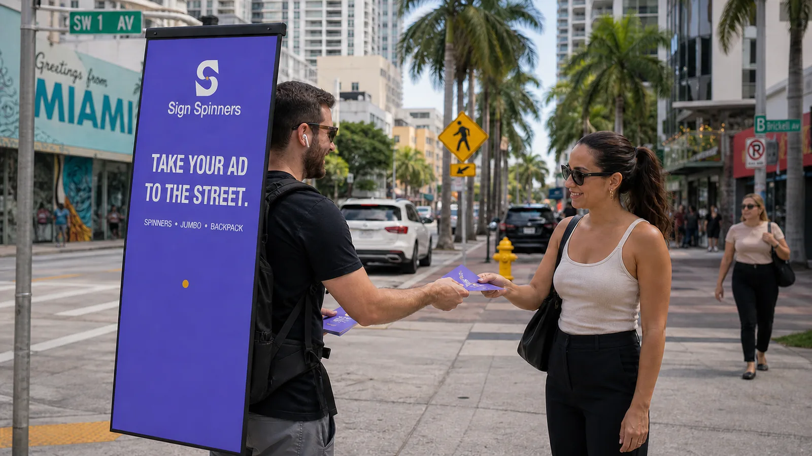 Street advertising concept showing a person wearing a purple Sign Spinners backpack board