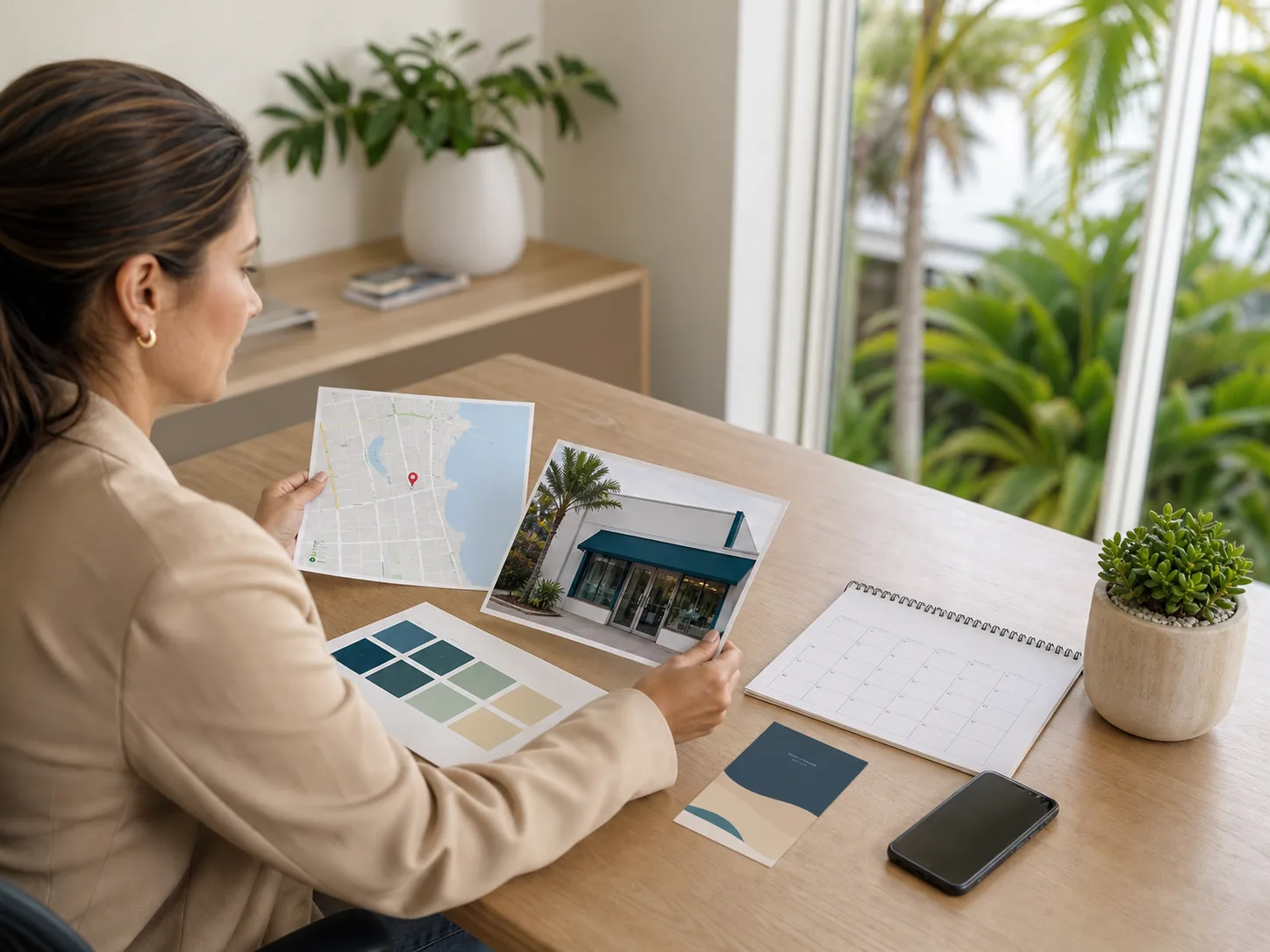 Business owner preparing a location map, calendar, offer, and storefront photo for a quote