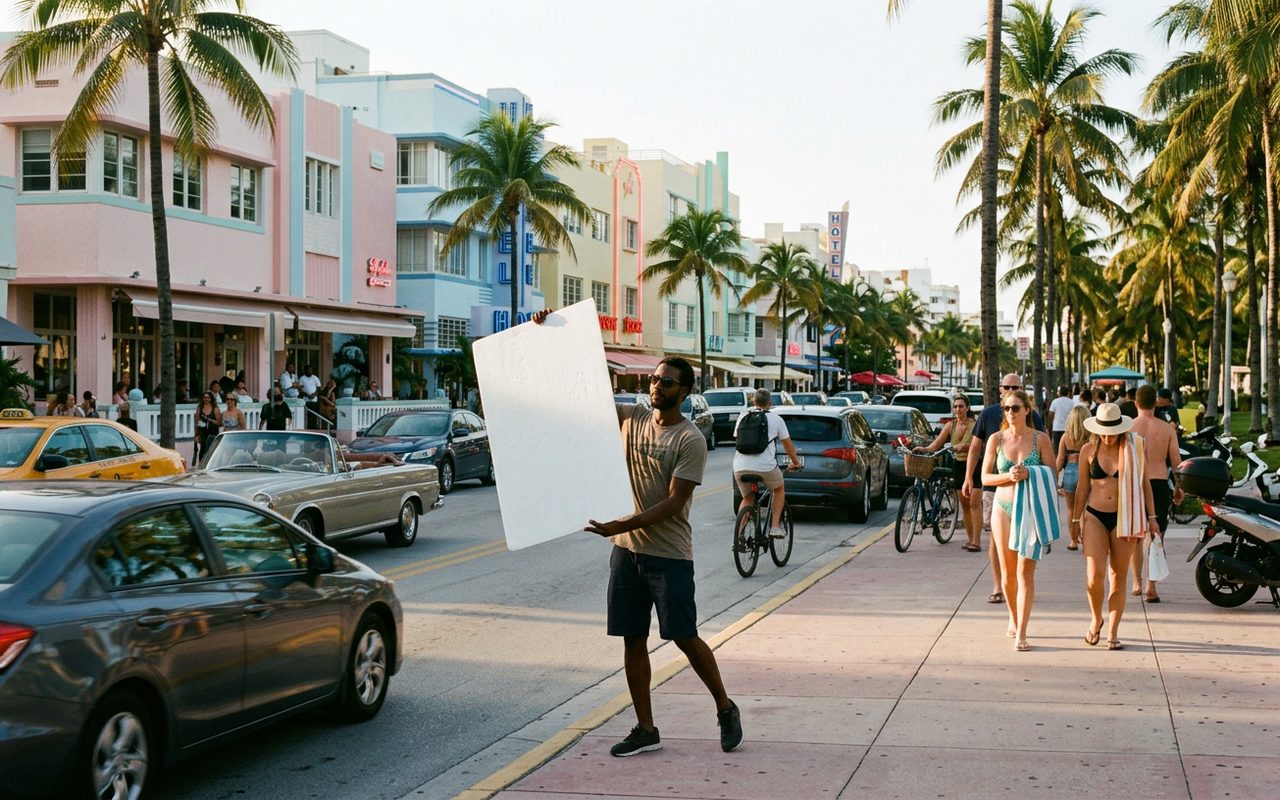 Street advertising setting typical of Miami Beach, Miami-Dade County