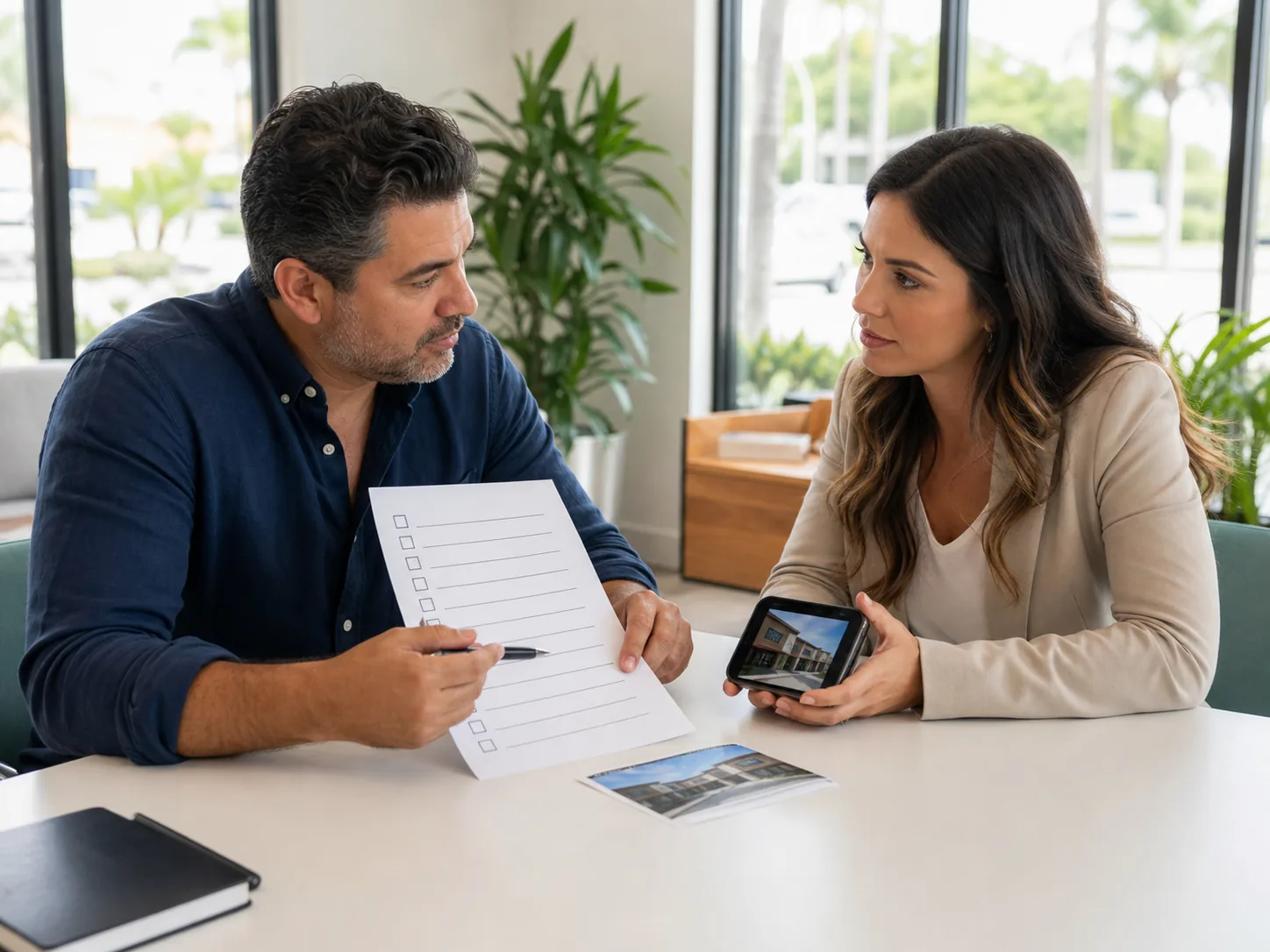 Business owner using a checklist while interviewing a local advertising coordinator