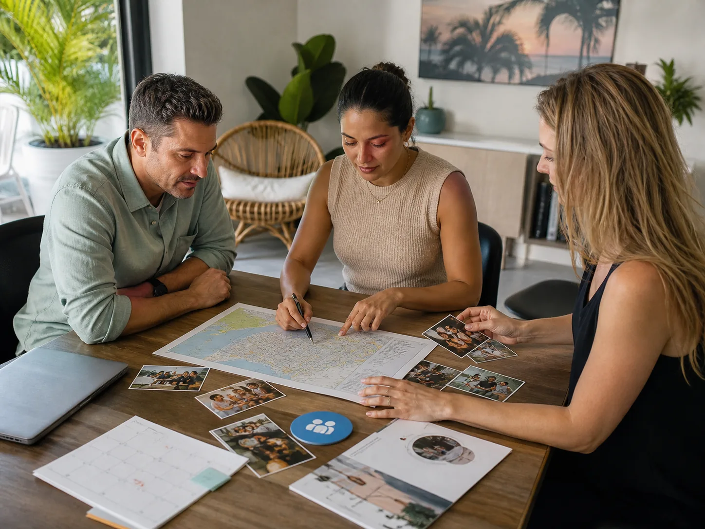 Owner, coordinator, and designer building a focused campaign brief around one table