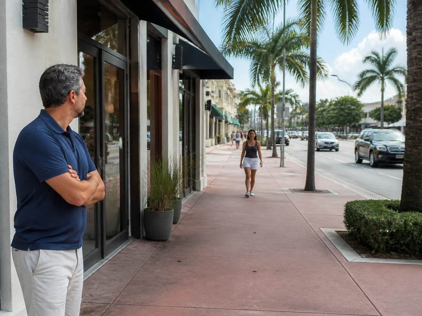Local business owner watching the real path between the street, sidewalk, and storefront entrance