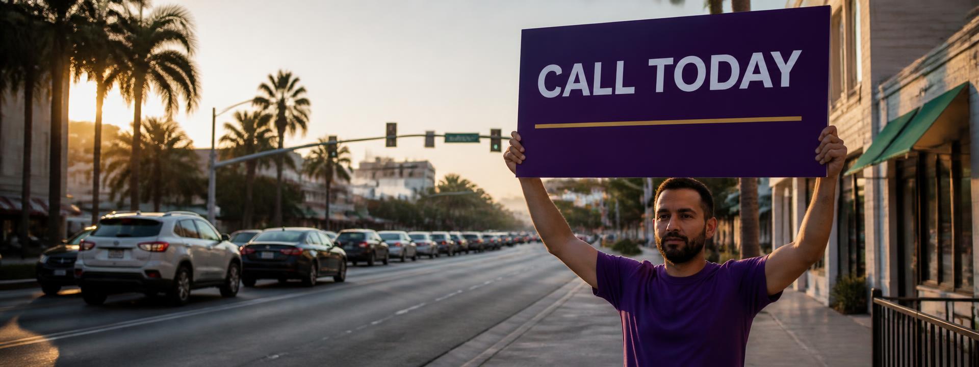 Sign spinner holding an offer board on a Miami street at sunset