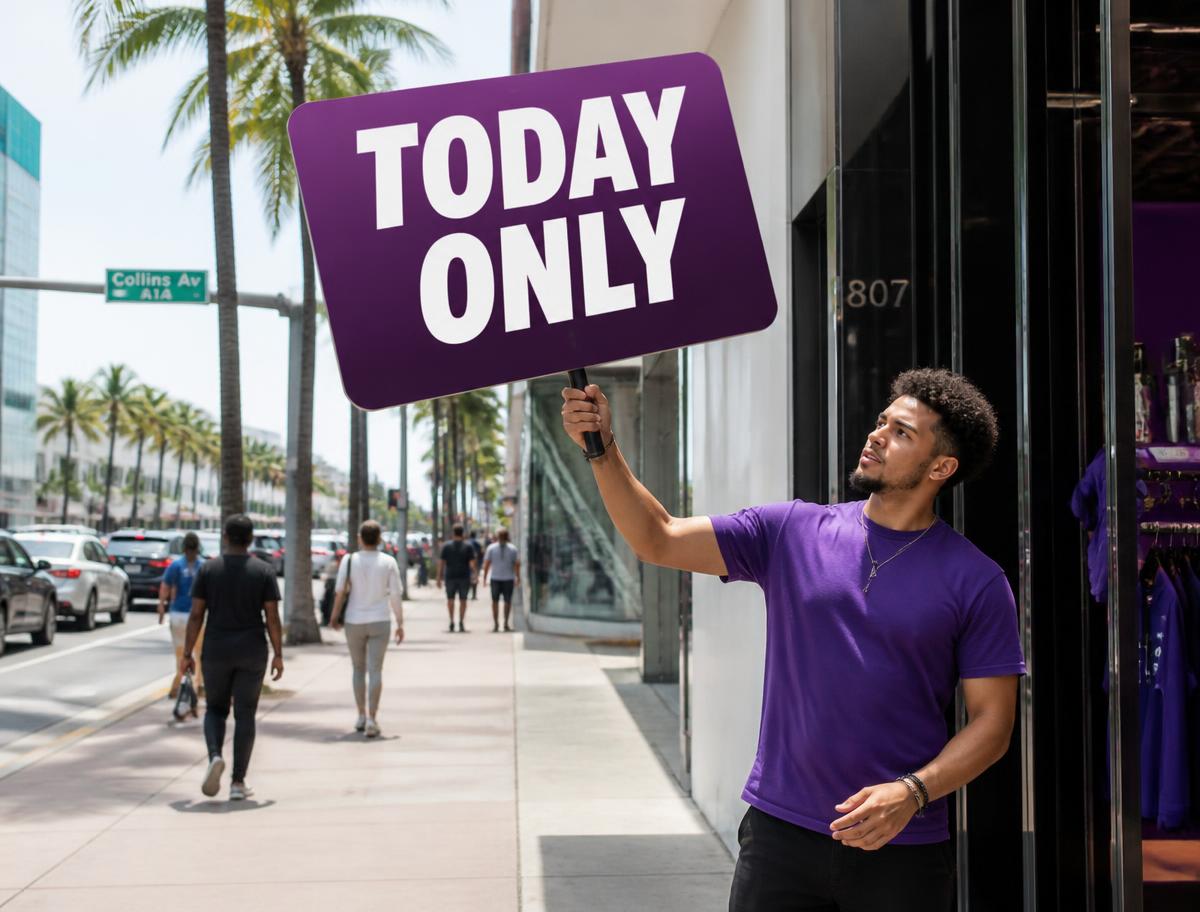 Person spinning a purple offer sign next to a Miami shop entrance